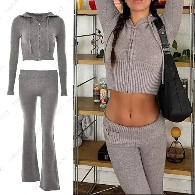 Knitted Hoodie Cropped Top And Pants Set