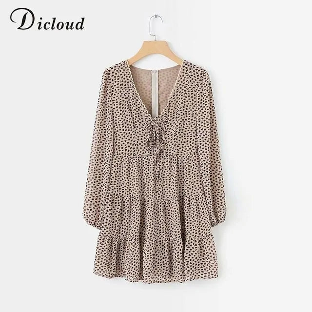 DICLOUD Sexy Leopard V Neck Dresses Women Spring Autumn Long Sleeve A Line Ruffles Sundress Chiffon Short Party Dress Female